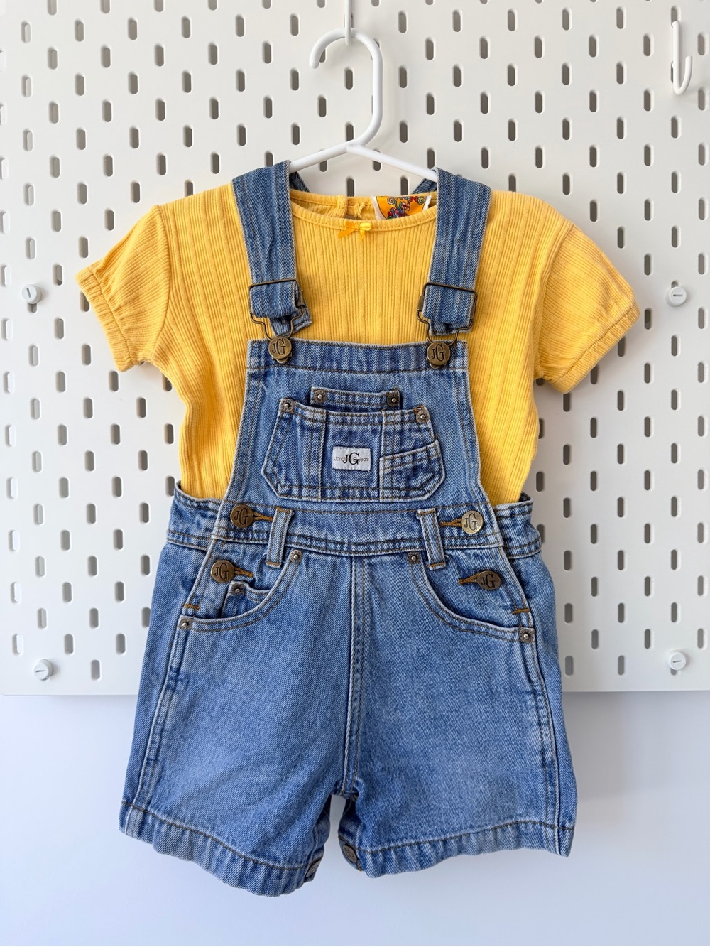 Vintage Yellow Ribbed Tee with Blue Denim Shortalls Jonathan G Jeans size 12-18M